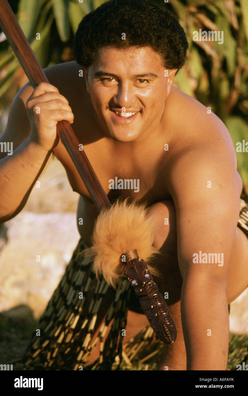 Maori warrior with spear Rotorua New Zealand Stock Photo