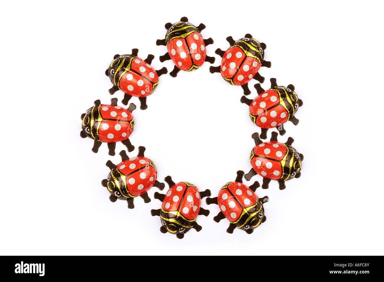 chocolate ladybugs ladybirds in a circle Marienkäfer aus Schokolade im Kreis Stock Photo