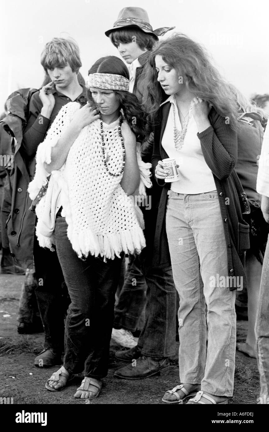 Hippies at a music concert in the Uk in1969 Stock Photo