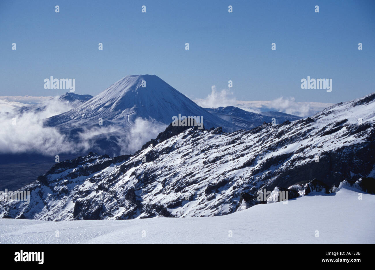 Winter view of Mount Ngauruhoe from Mt Ruapehu Tongariro National Park North Island New Zealand Stock Photo