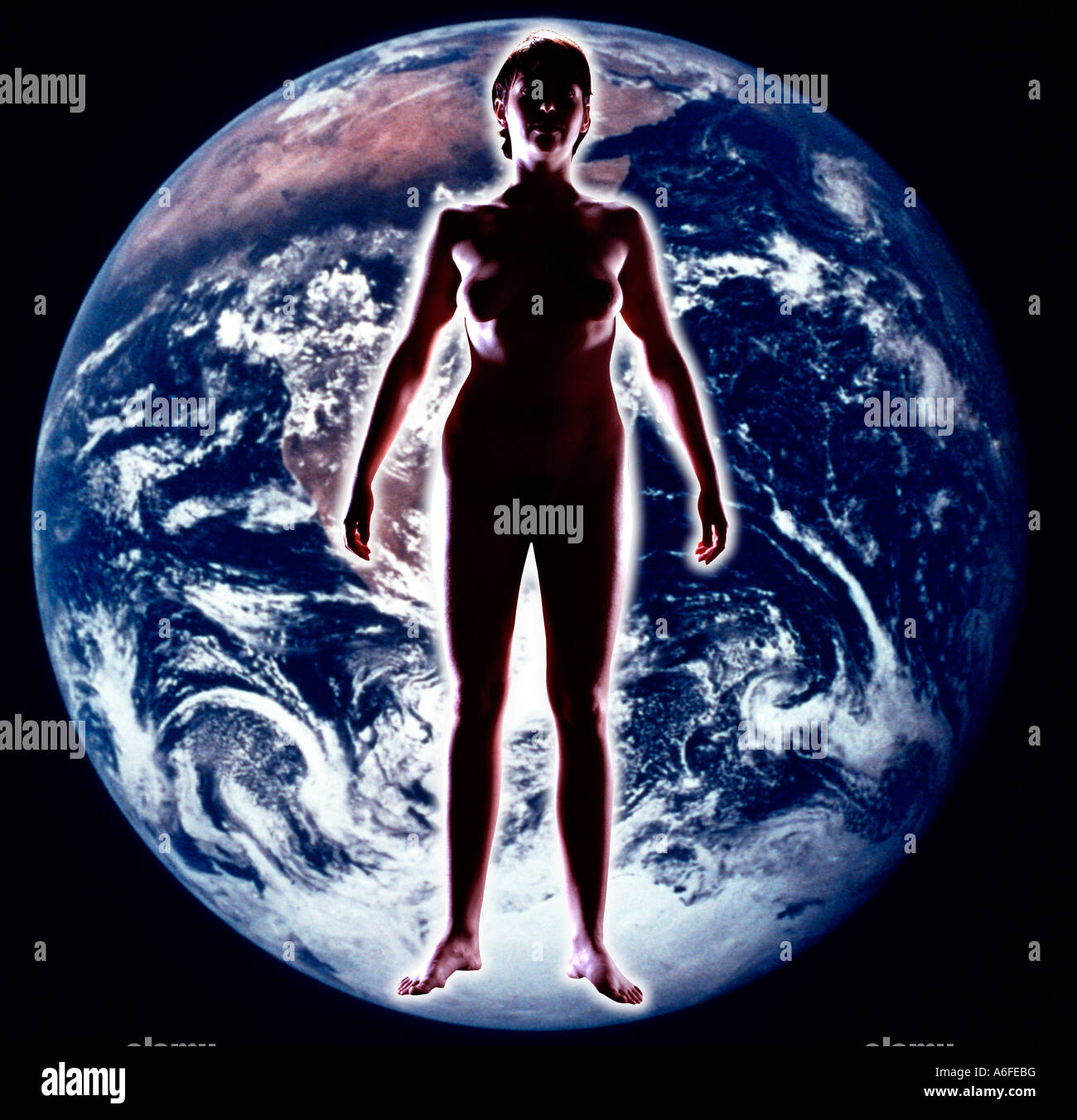 Woman superimposed over planet earth. Stock Photo