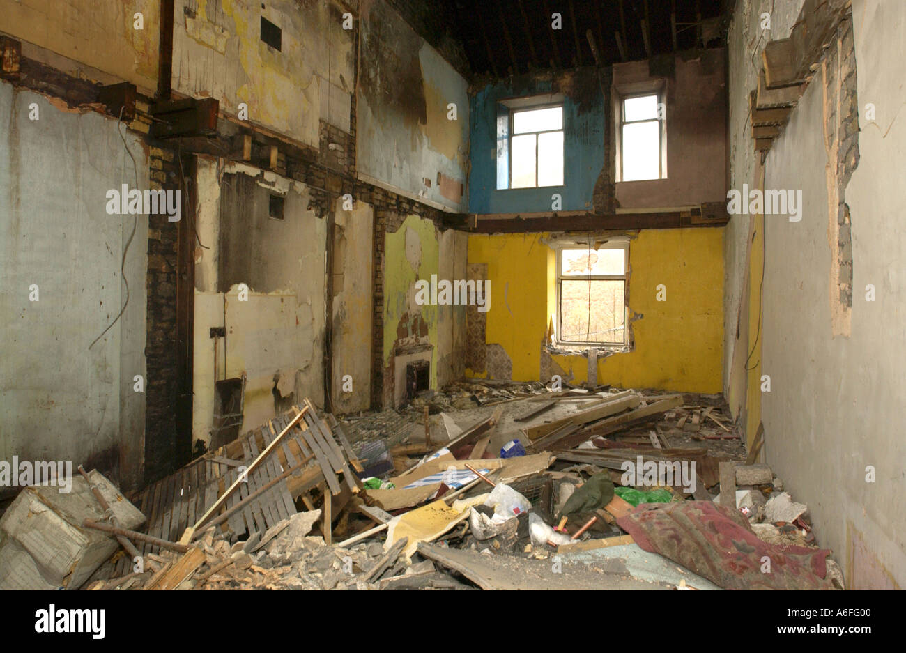 Terrace of burnt out derelict houses at Llanhilleth Blaenau Gwent South