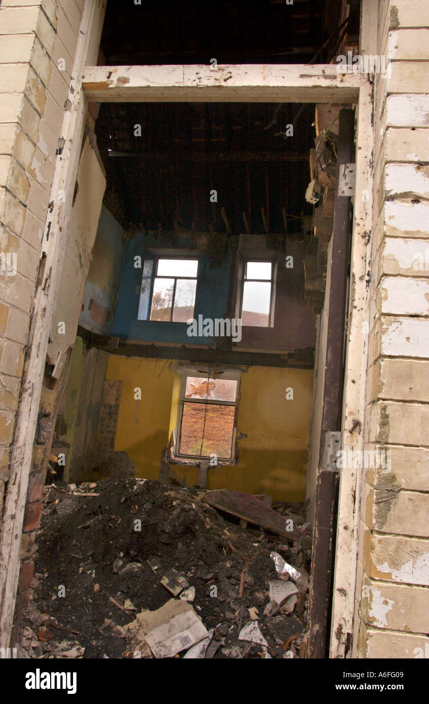 Terrace of burnt out derelict houses at Llanhilleth Blaenau Gwent South