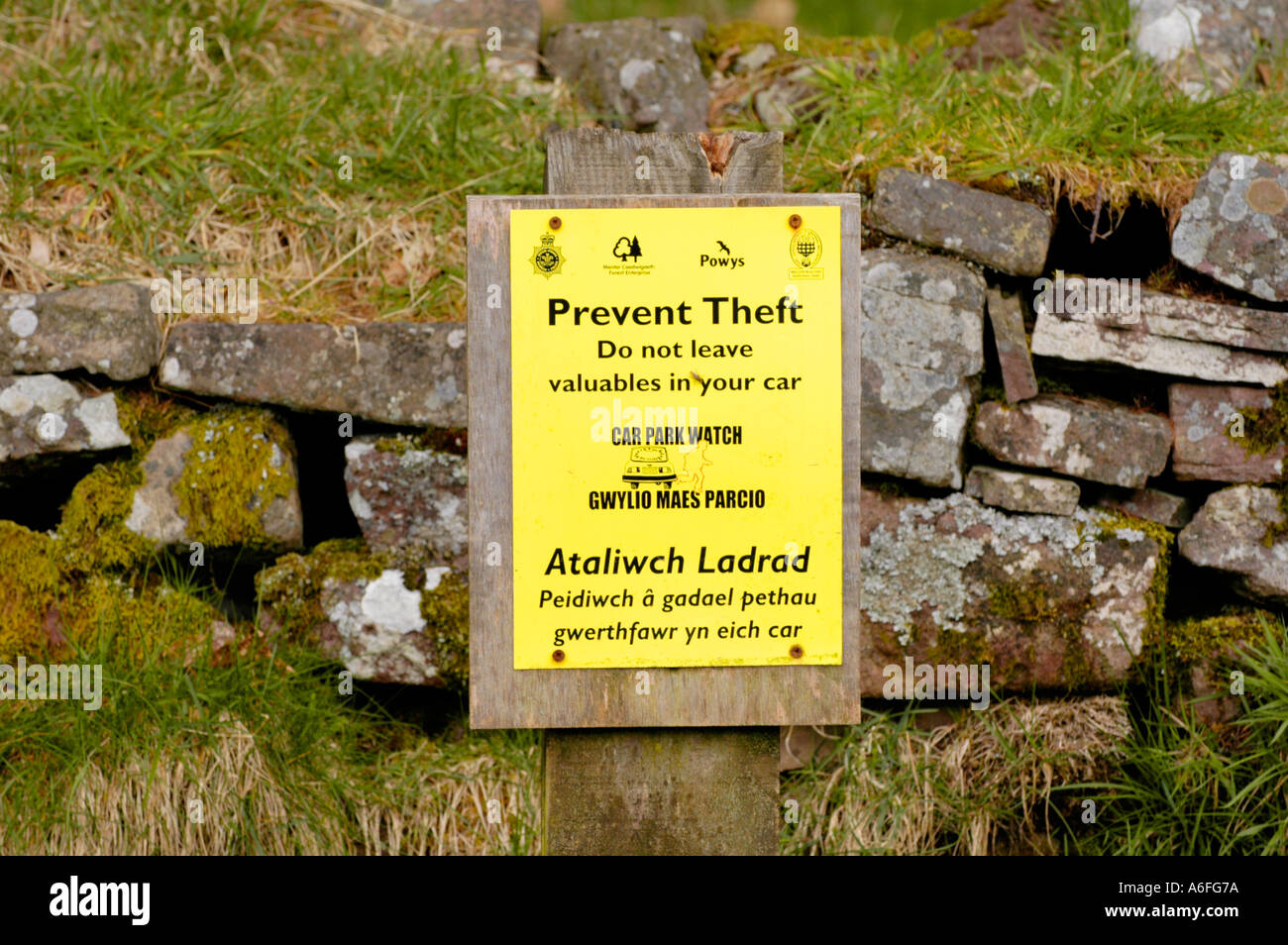 PREVENT THEFT sign in a car park in the Brecon Beacons National Park South Wales Stock Photo