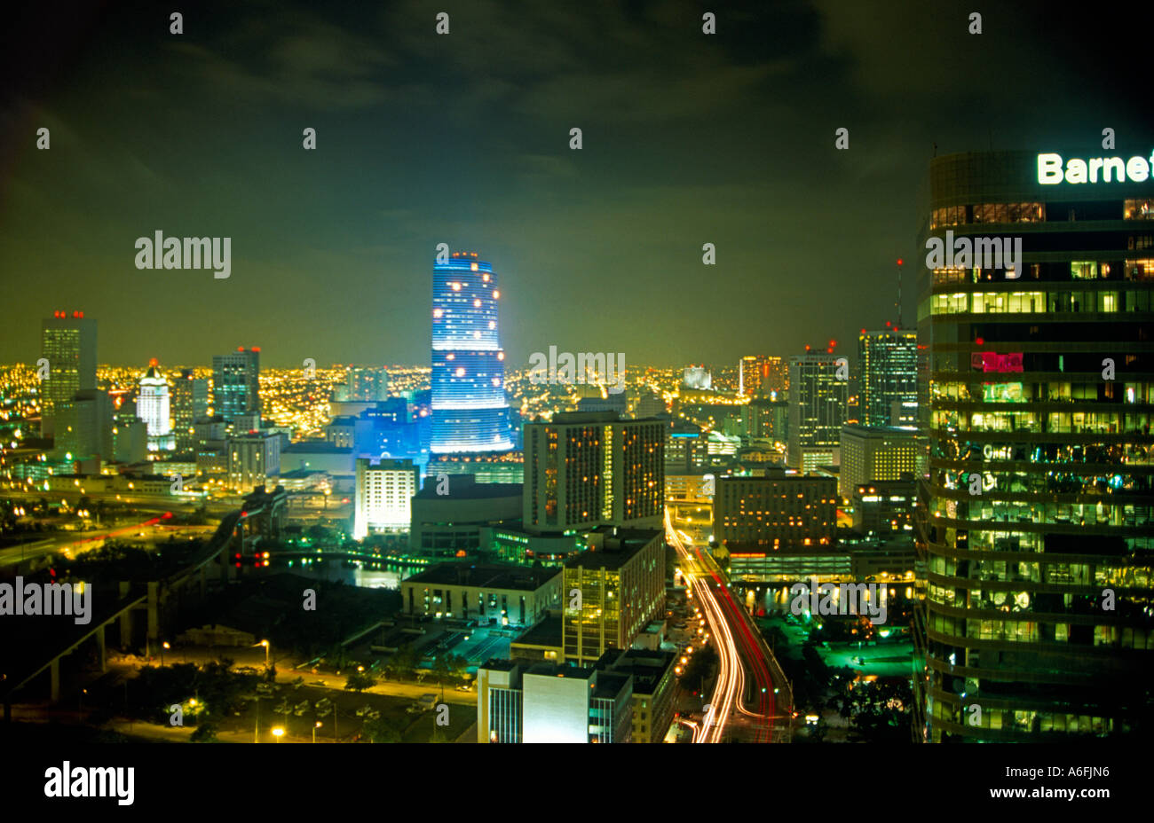 Night view of downtown Miami in 1990s Florida USA 199302 Stock Photo