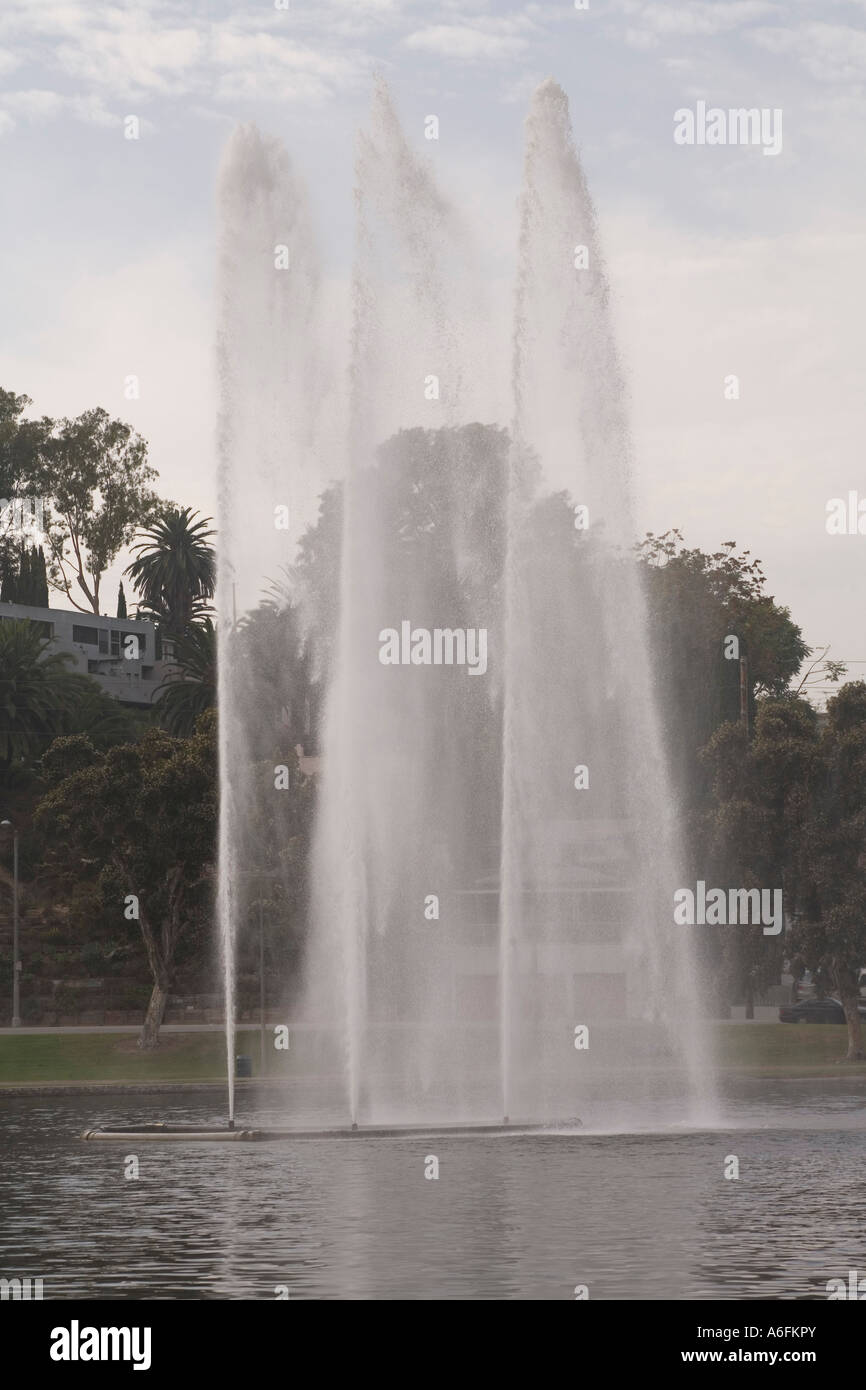 Fountains in Echo Park lake near downtown Los Angeles California USA