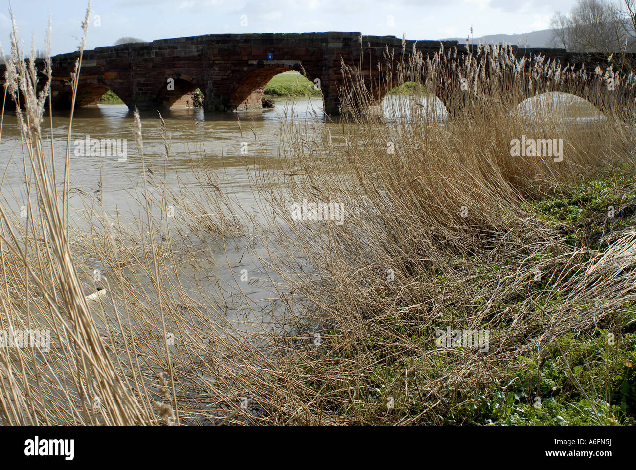 Eckington Bridge, Eckington, Worcestershire. Late Winter with a swollen
