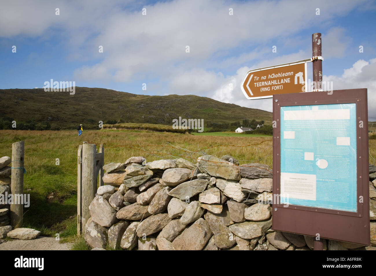 Information board sign and gate to Teernahillane Ring Fort with raised fort on Beara Peninsula Castletown Co Cork Eire Stock Photo