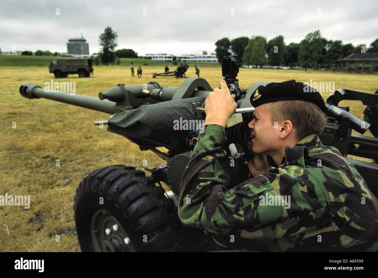 Young army recruits learn basic gunnery skills. Stock Photo