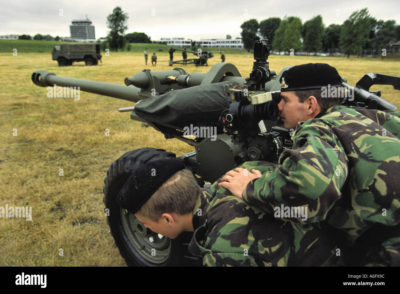 Young army recruits learn basic gunnery skills. Stock Photo