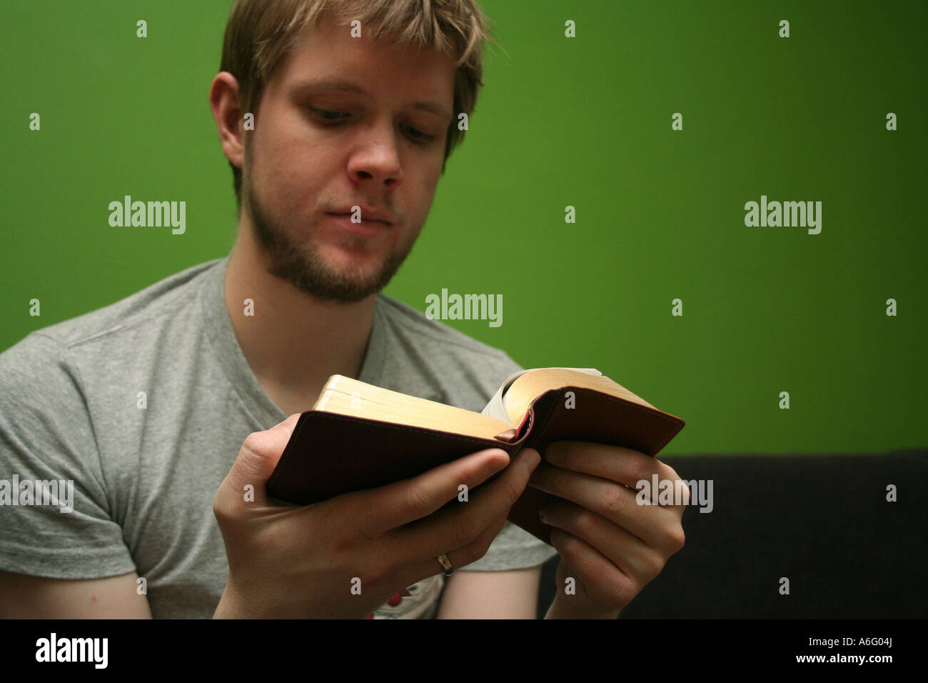 Young blond man reading the Bible with bright green background Stock Photo