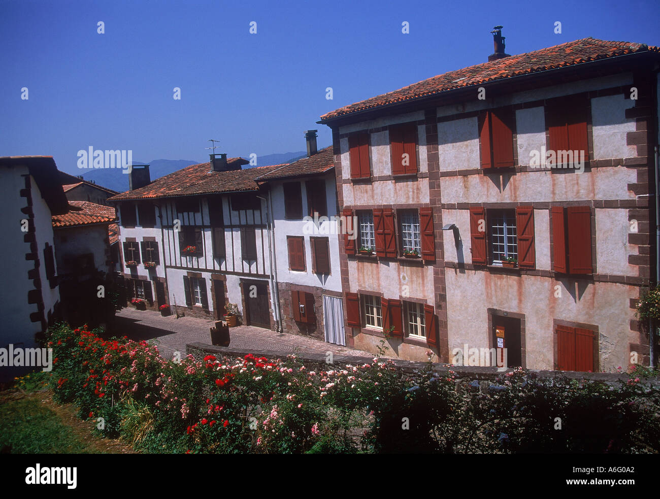 Typical Basque architecture in St Jean Pied de Port,  Pays Basque Stock Photo