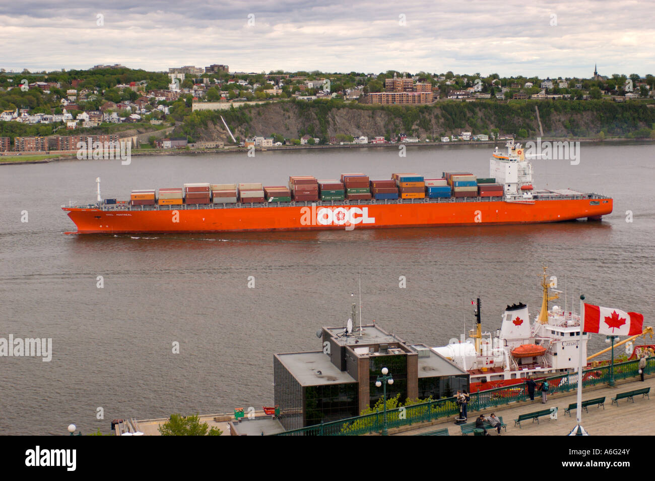 QUEBEC CITY QUEBEC CANADA Container ship on the St Lawrence River at