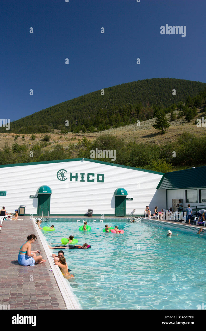 CHICO HOT SPRINGS MONTANA USA Swimming in geothermic heated pool at Chico Hot Springs resort