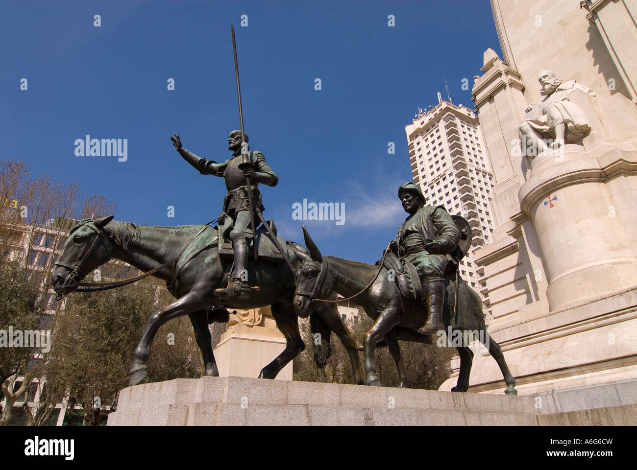 Cevantes memorial at Plaza de Espana, showing Don Quijote and Sancho Panza, Madrid, Spain Stock Photo
