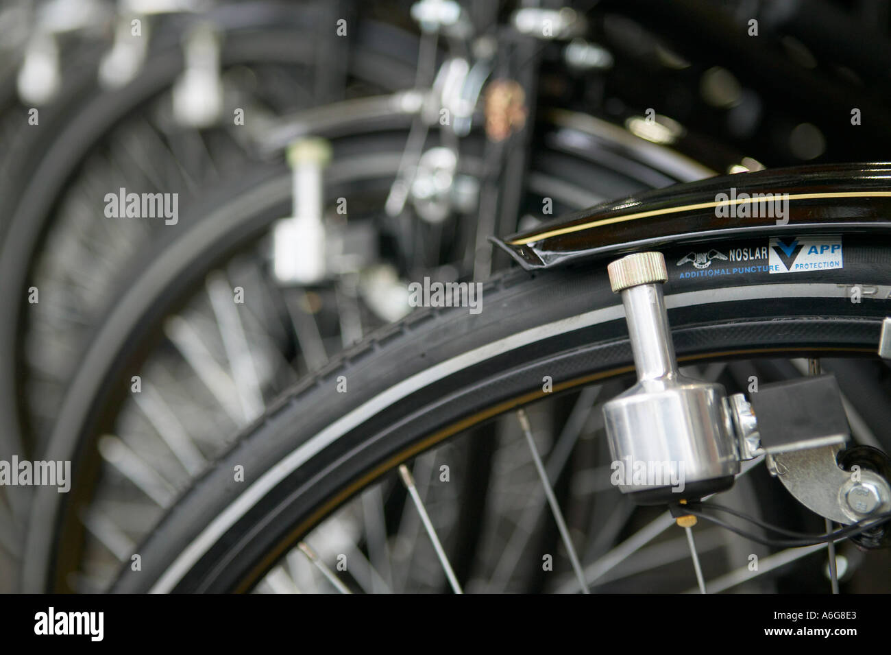 row of black dutch bicycles Stock Photo