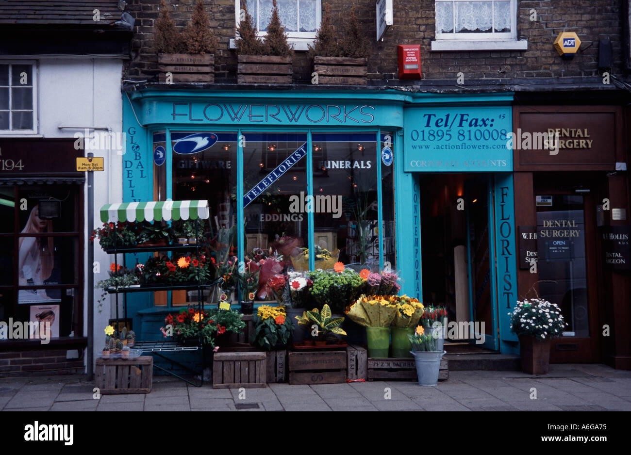 Bright pavement display outside a florist in Uxbridge Middlesex