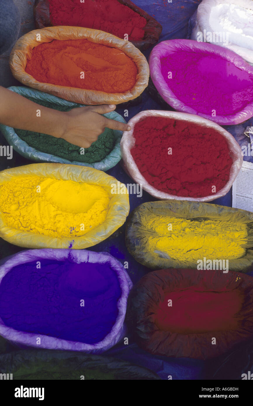colour pouder for the Tihar-festival, festival of lights and colours, Nepal Stock Photo