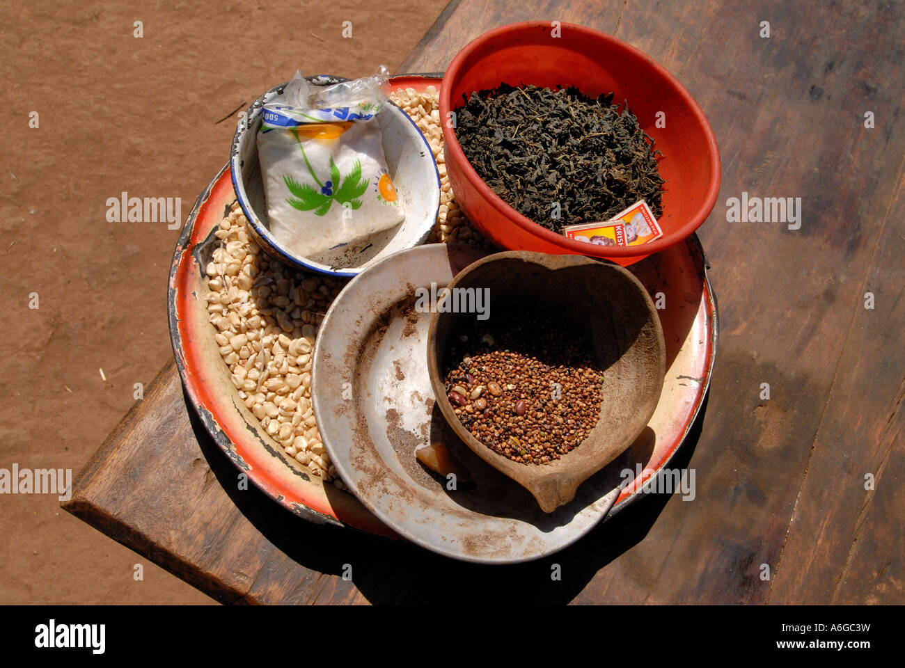 Uganda.Displaced camp Basic food supplies . Stock Photo