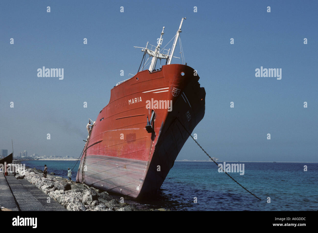 Vessel Maria blown aground when the anchor dragged in a storm Hamrya harbour Dubai United Arab Emirates Stock Photo
