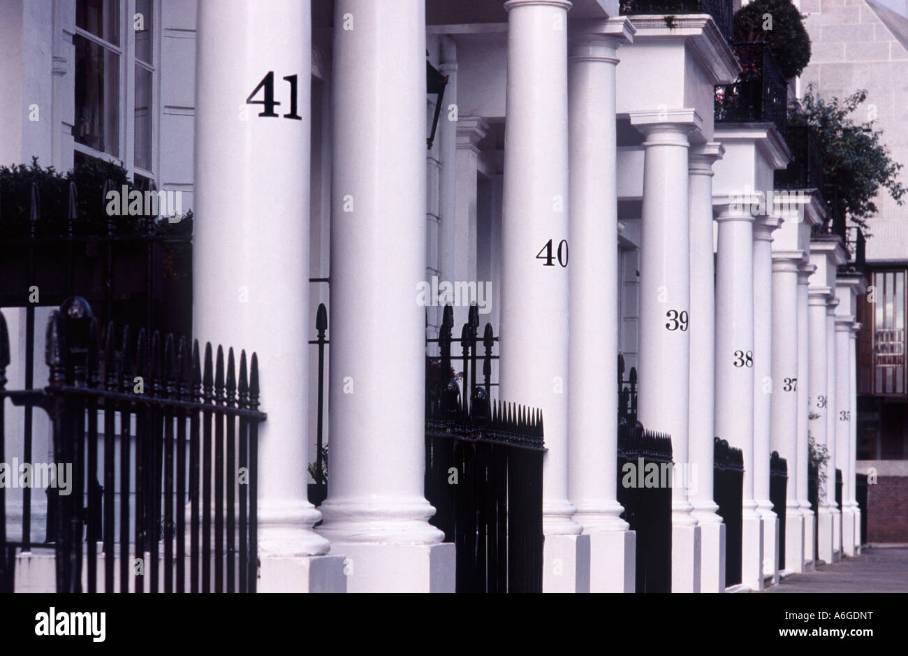 Black street address numbers on line of white columns before Regency homes, Thurloe Square, South Kensington, London SW7 England Stock Photo