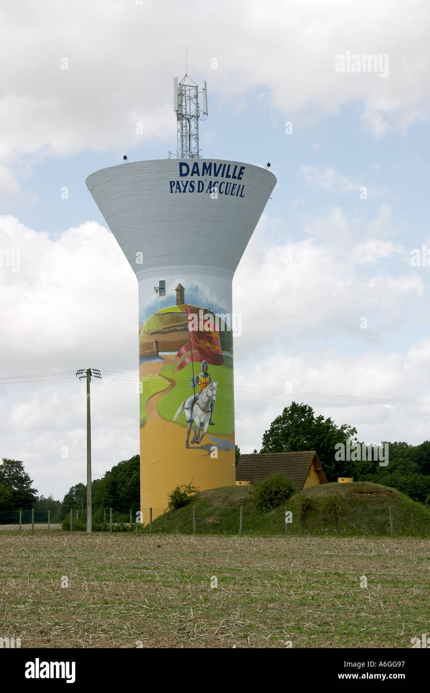 Decorated French water tower with mural of crusader Damville Normandy