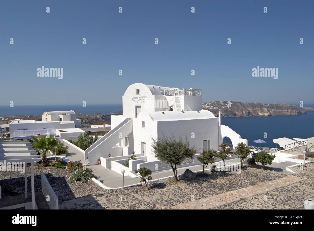 Studio Artemis Caldera View and Grand View Hotels in Megalochori on Greek  Island of Santorini Greece Stock Photo - Alamy