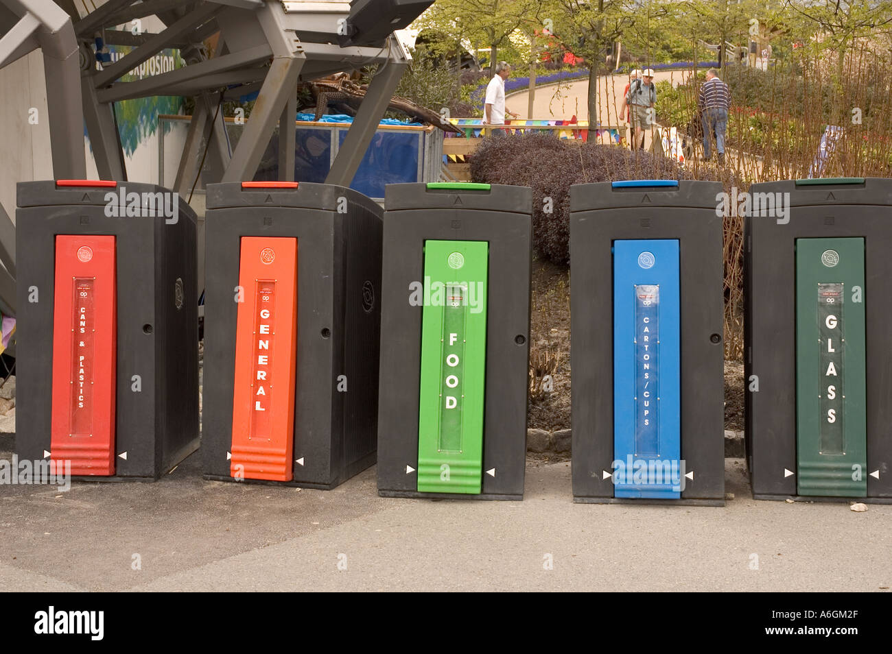 Recycling bins at The Eden Project St Austell Cornwall England Stock