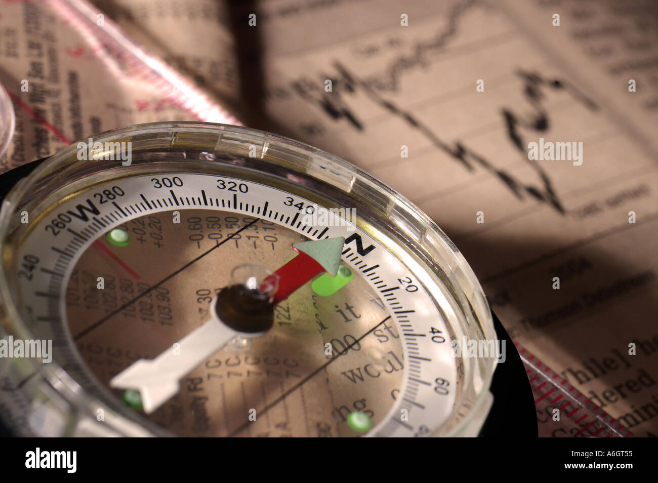 Close up of compass on financial newspaper Stock Photo
