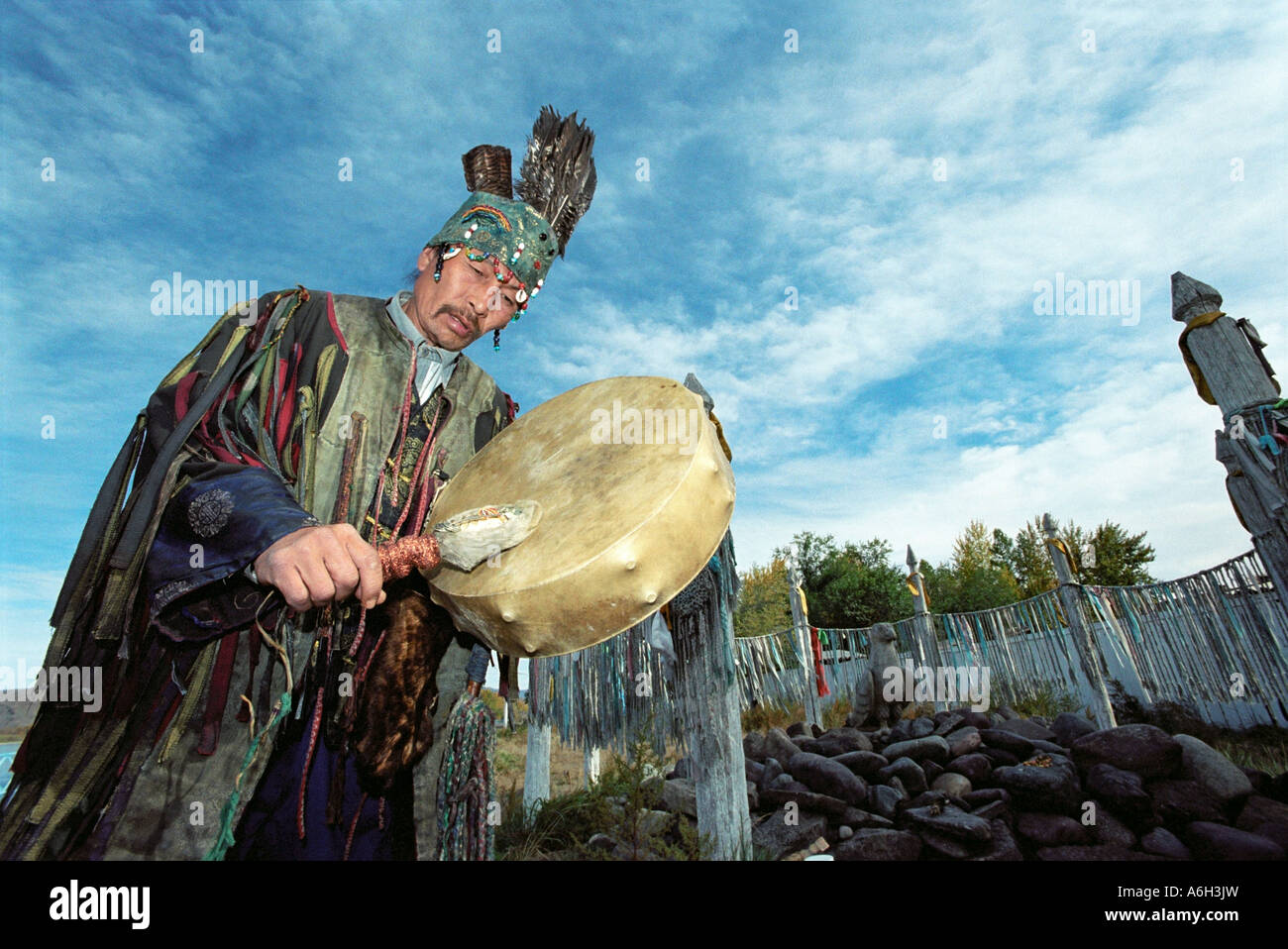 Shaman from Tos Deer (Nine Heavens) association is performing ritual ceremony Kyzyl The Tyva Republic Russia Stock Photo