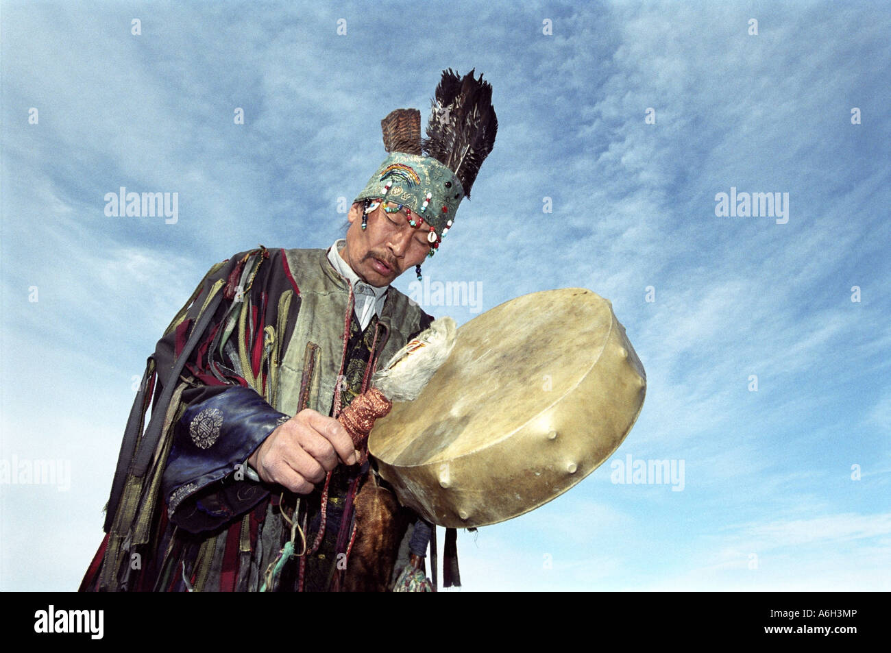 Shaman from Tos Deer (Nine Heavens) association is performing ritual ceremony Kyzyl The Tyva Republic Russia Stock Photo