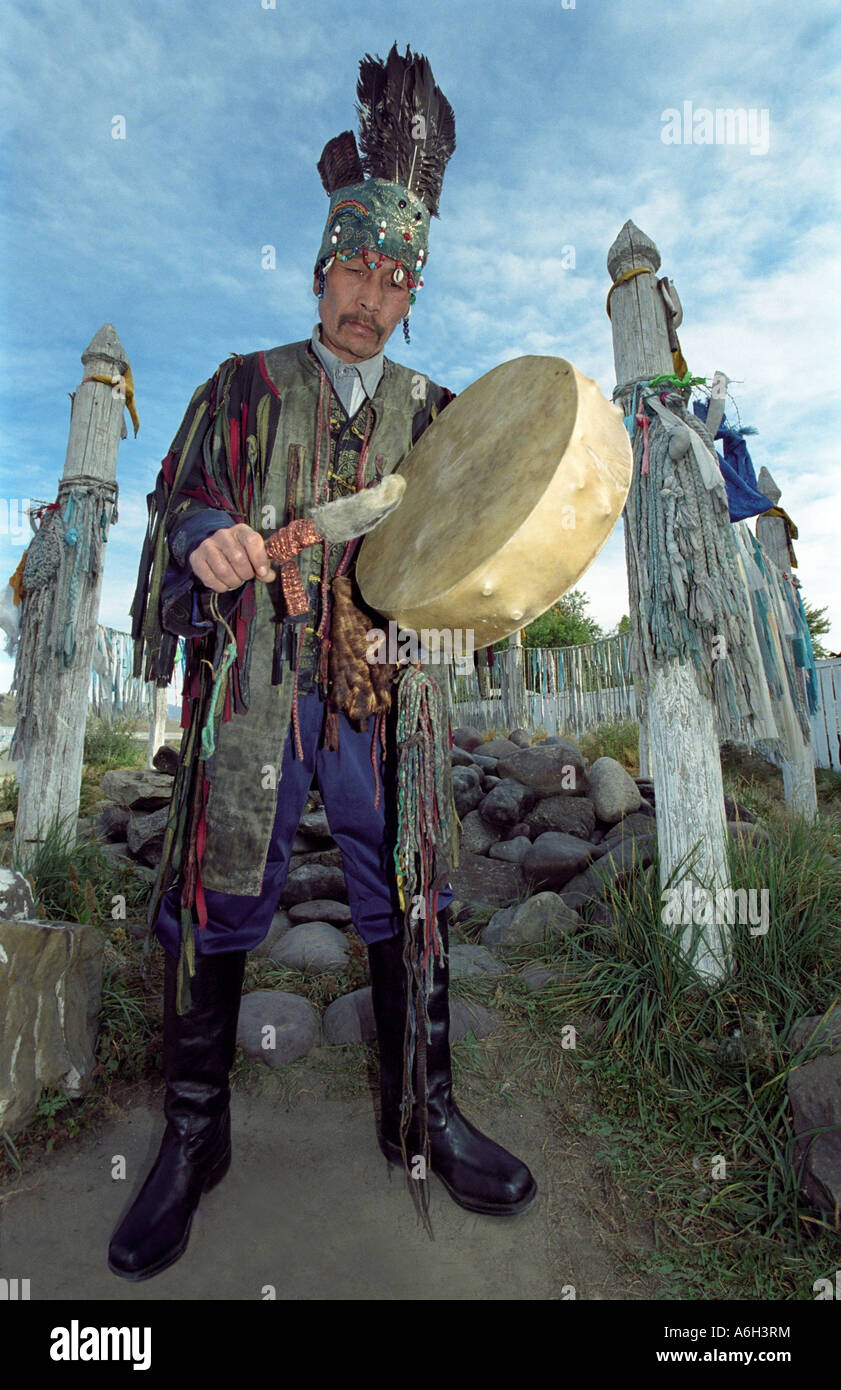Shaman from Tos Deer (Nine Heavens) association is performing ritual ceremony Kyzyl The Tyva Republic Russia Stock Photo