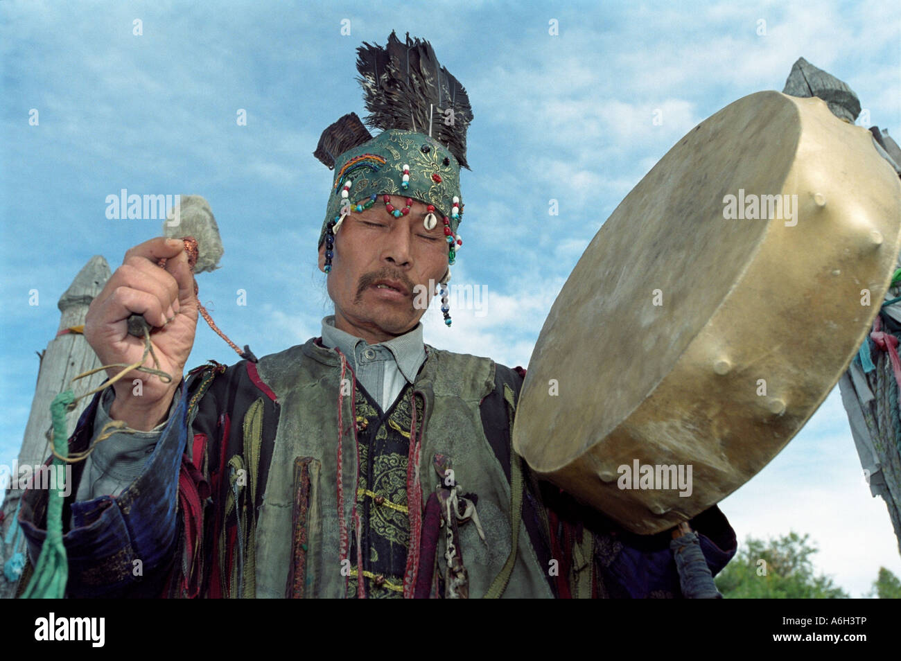 Shaman from Tos Deer (Nine Heavens) association is performing ritual ceremony Kyzyl The Tyva Republic Russia Stock Photo