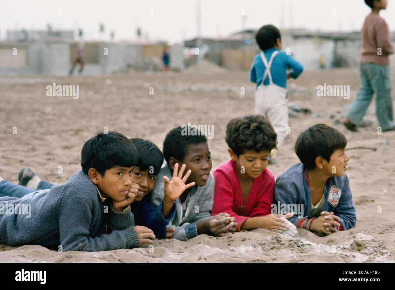 Children at a shanty town which are called pueblos jovenes on the outskirts of Lima Peru Stock Photo