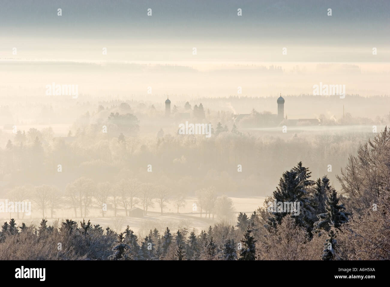 Inversion weather conditions Eurasburg Bavaria Germany Stock Photo