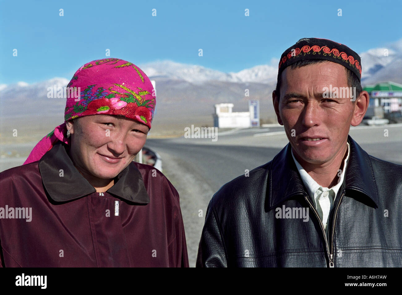 Portrait of young Kazakh family. Kosh-Agach village. The Altai (Altay) Republic. Russia Stock Photo