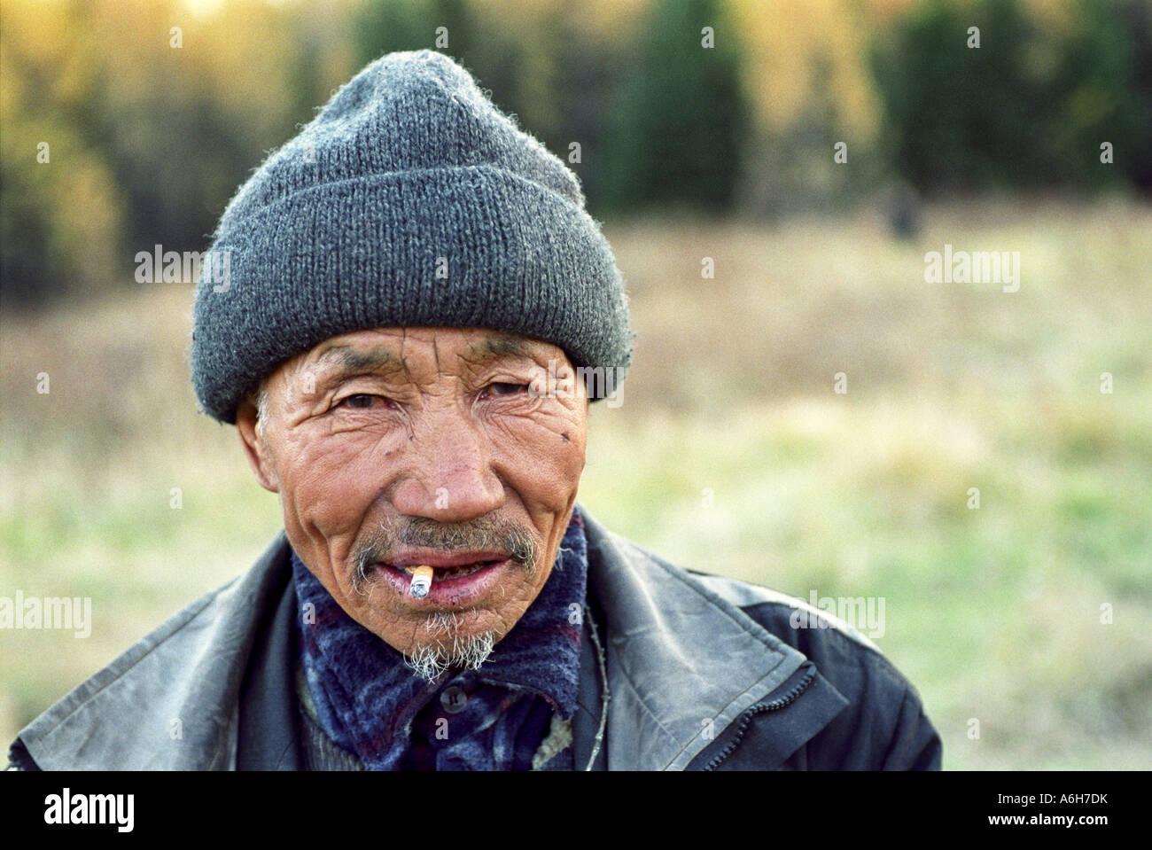 Portrait of a woodcutter from Adyr-Kezhig village. Azas (Todja) lake. The Sayan Mountains. The Tyva (Tuva) Republic. Russia Stock Photo