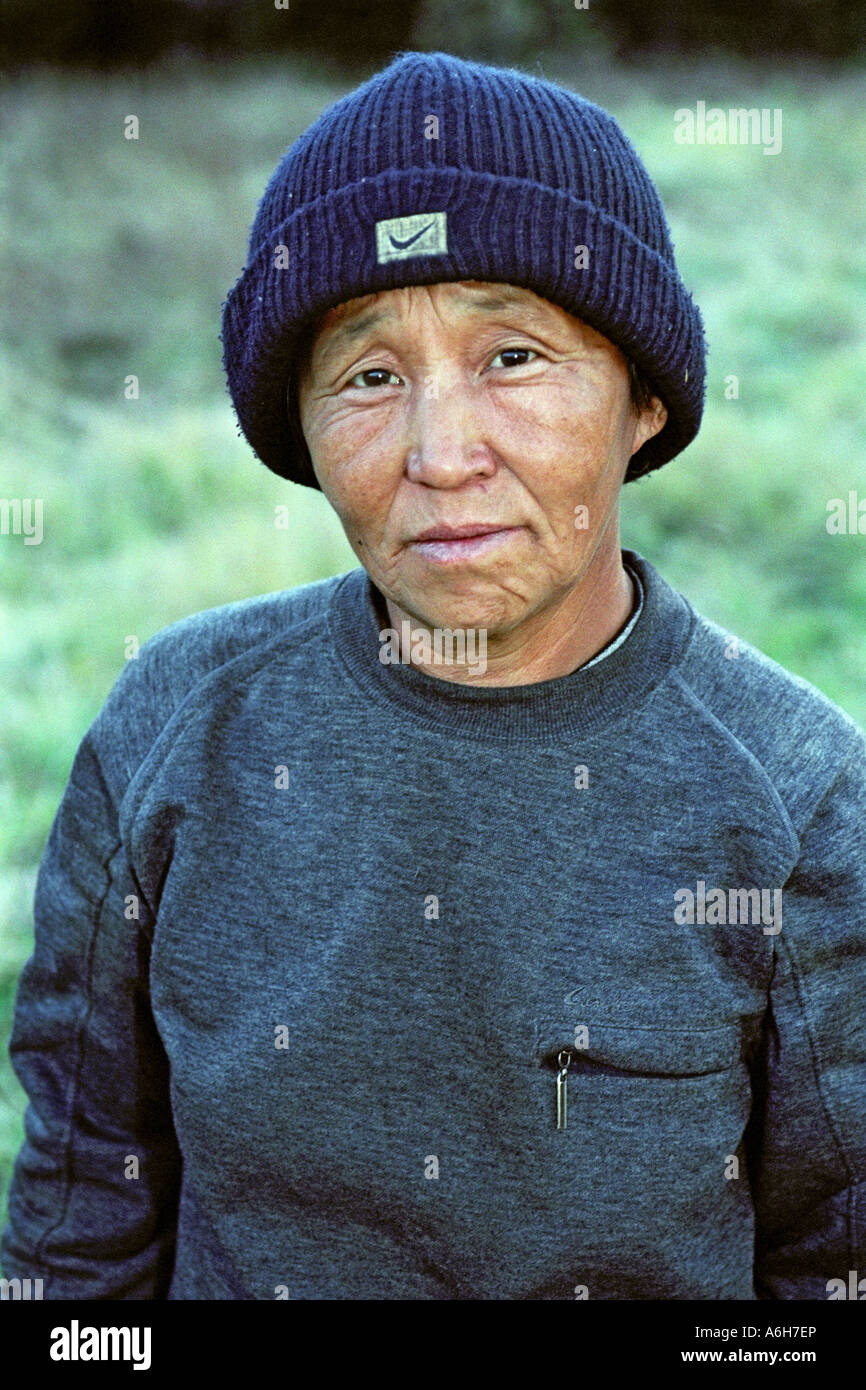 Portrait of a woodcutter’s wife from Adyr-Kezhig village. Azas (Todja) lake. The Tyva (Tuva) Republic. Russia Stock Photo