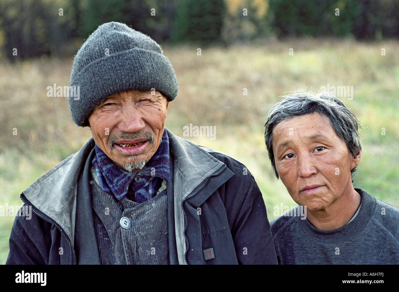 Portrait of woodcutter and his wife from Adyr-Kezhig village. Azas (Todja) lake. The Tyva (Tuva) Republic. Russia Stock Photo