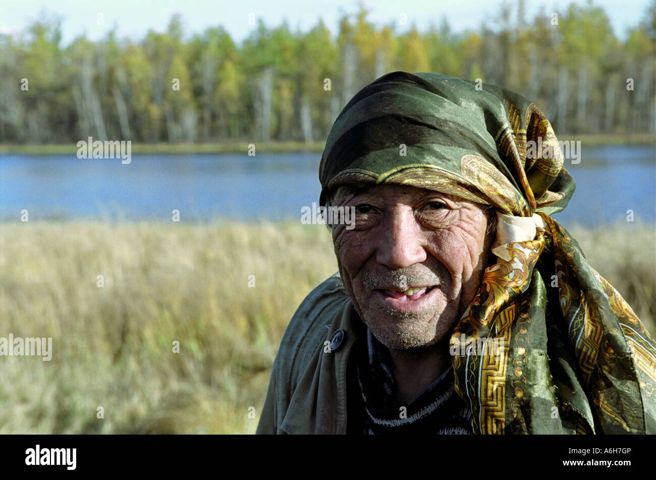 Portrait of a fisherman. Azas (Todja) lake. Todja Kozhuun. The Sayan Mountains. The Tyva (Tuva) Republic. Russia Stock Photo