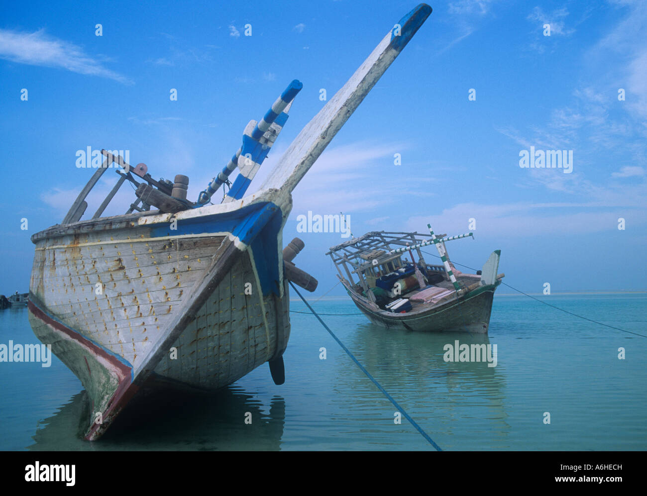 Traditional wooden fishing boats in al Ruwais, north coast of Qatar ...