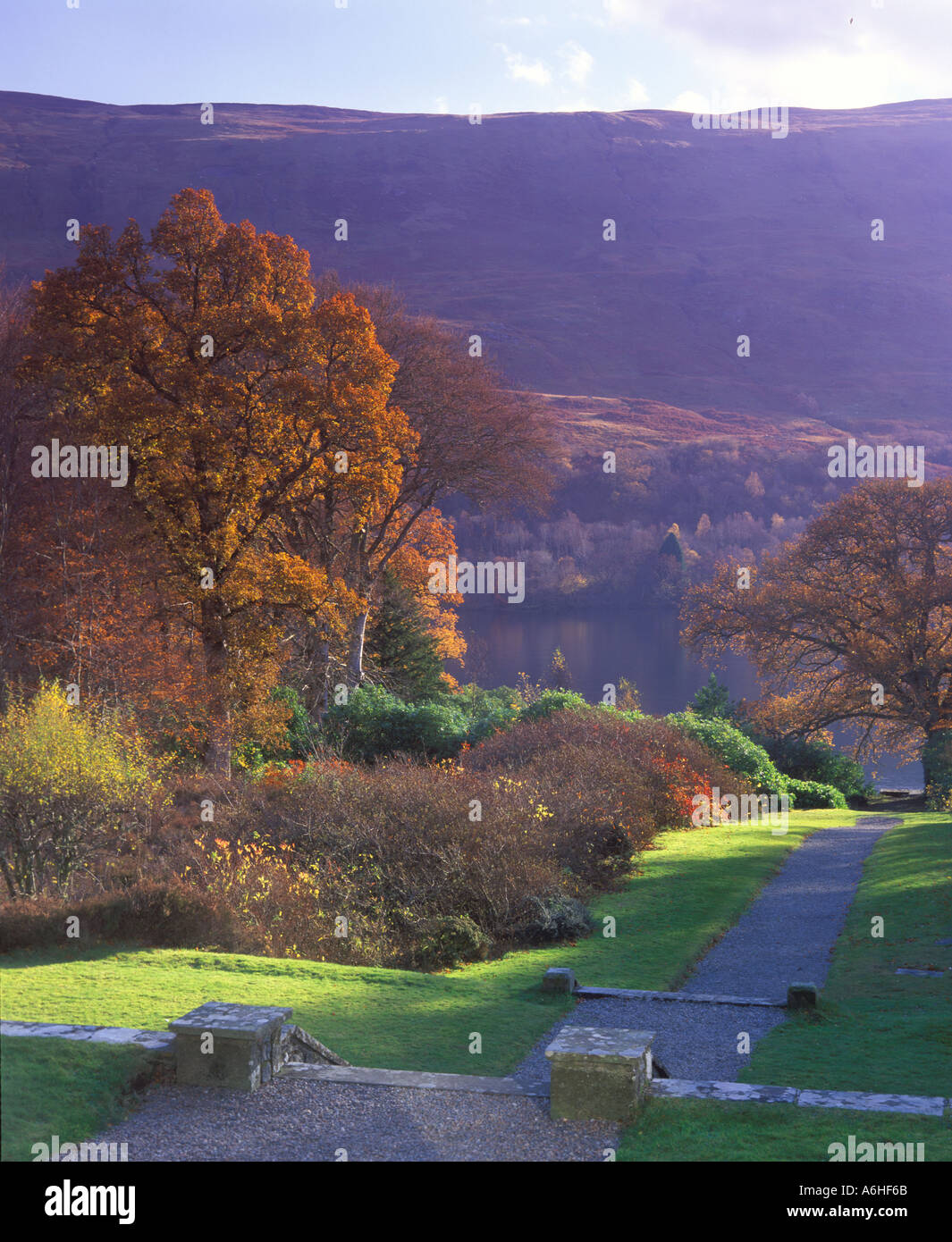 UK Scotland Highlands Loch Oich from Glen Garry Castle Gardens Stock Photo