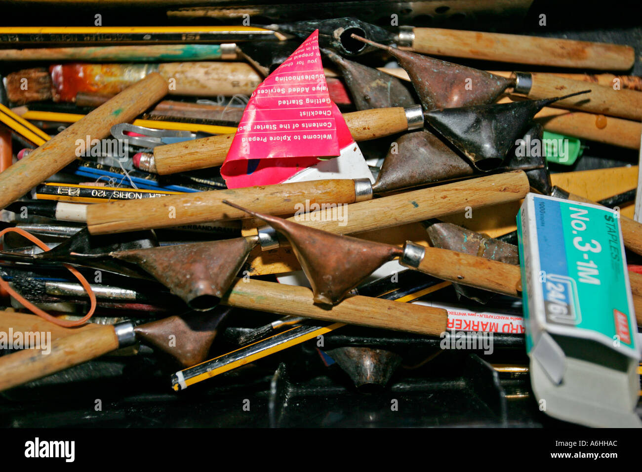 Batik brushes tools and applicators box Cherating Malaysia Stock Photo