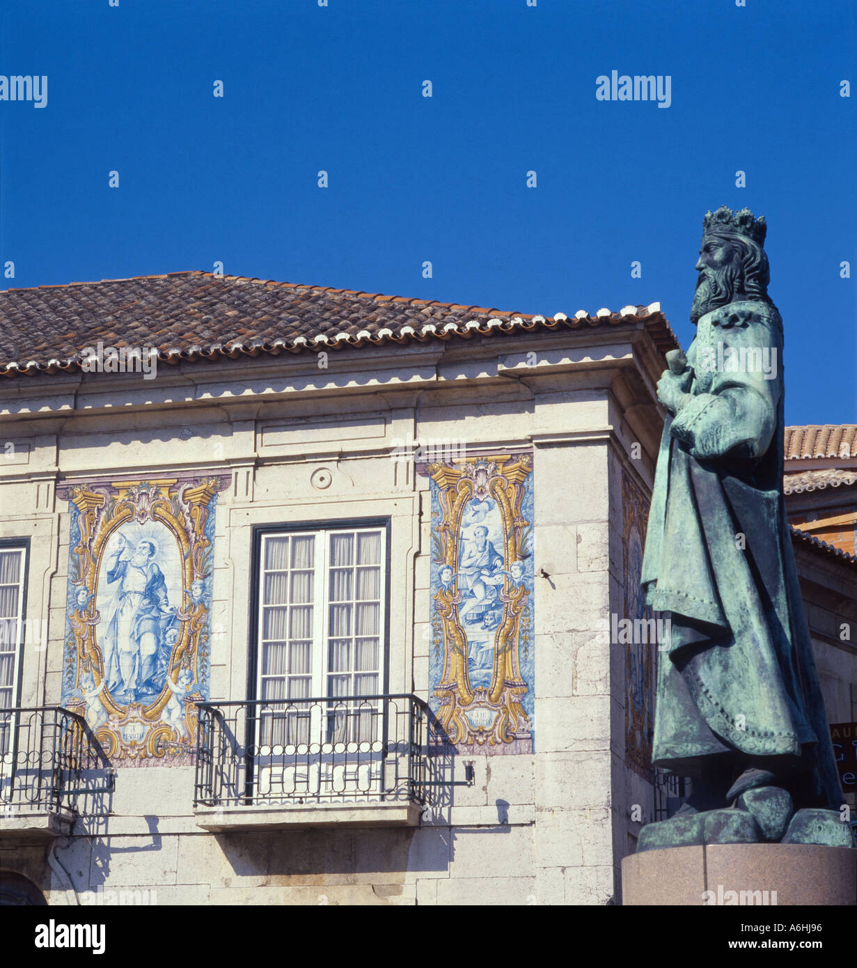 Portugal, Lisbon Coast, Cascais, Azulejos tiled panels, on the town hall, with statue of Pedro I Stock Photo