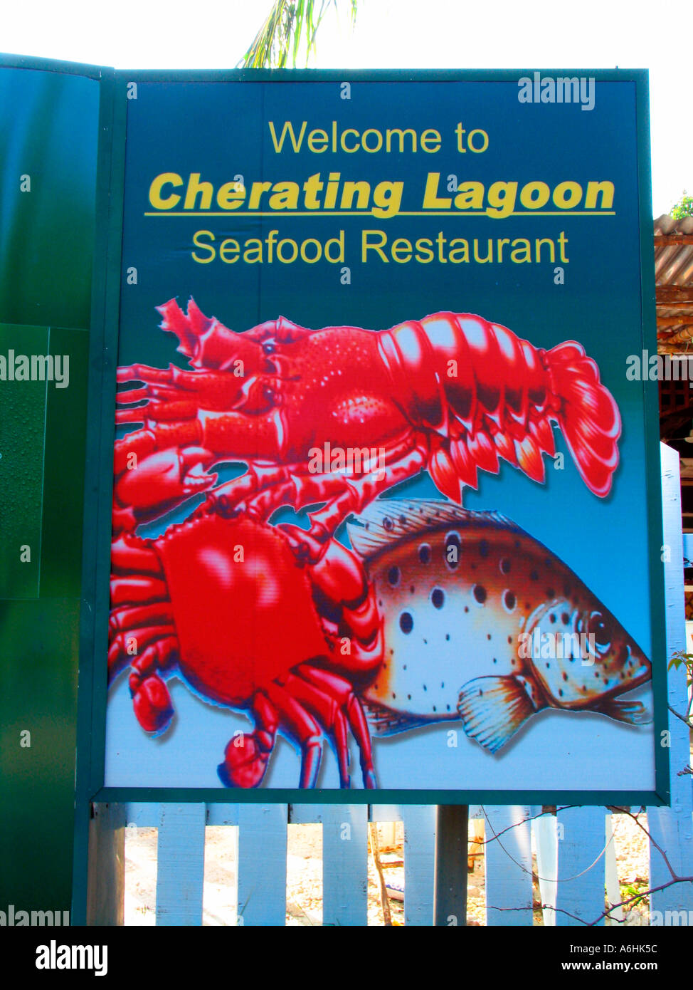 Lobster crab fish seafood restaurant sign Cherating Malaysia Stock