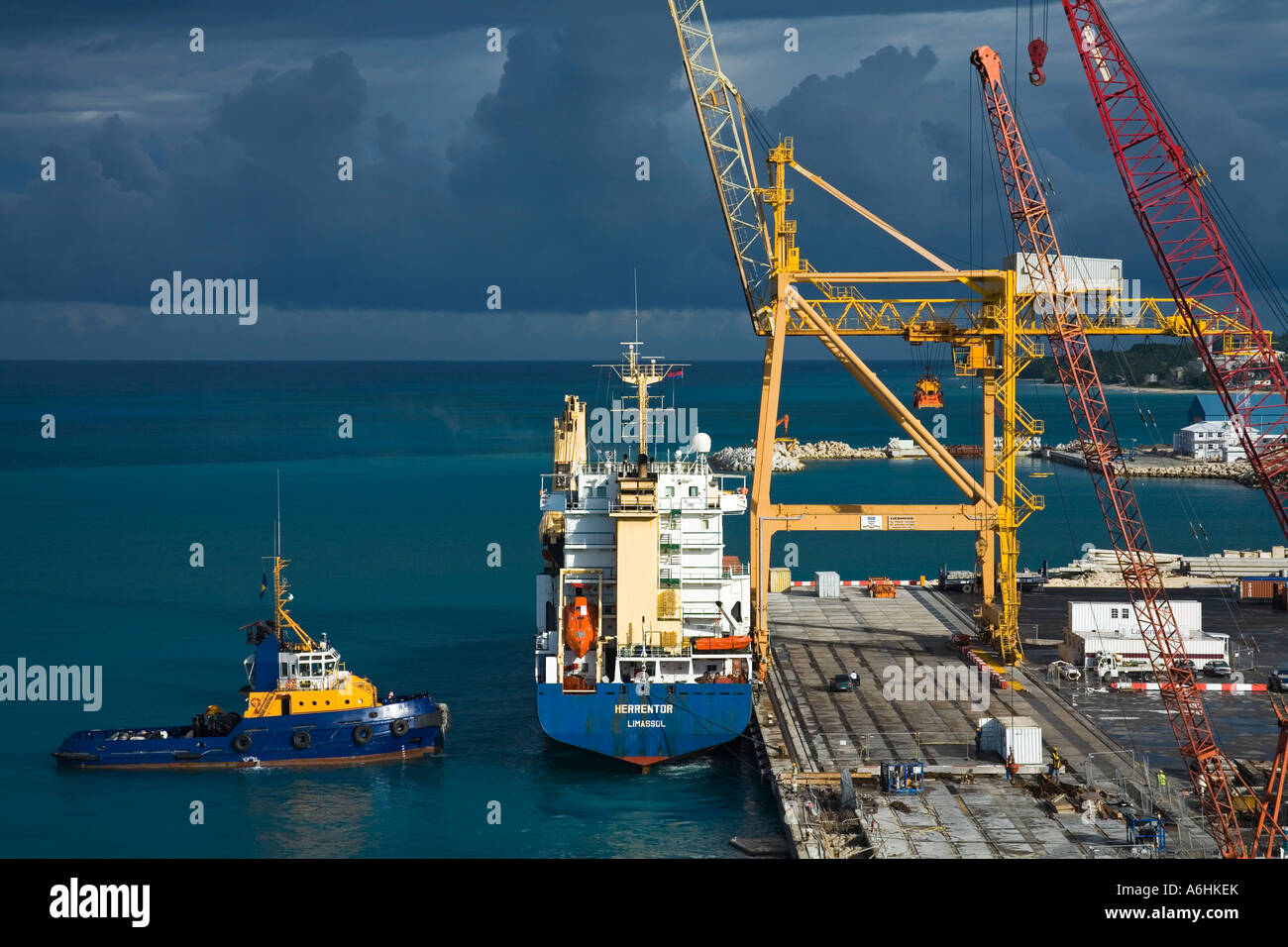 Container ship in Bridgetown Barbados West Indies Caribbean Stock Photo