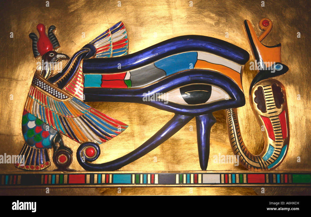 Udjat the Eye of Horus the falcon god worshipped in Pharaonic culture. Stock Photo