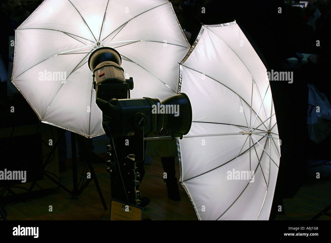 Two umbrella flash units with studio flash guns in place. Stock Photo