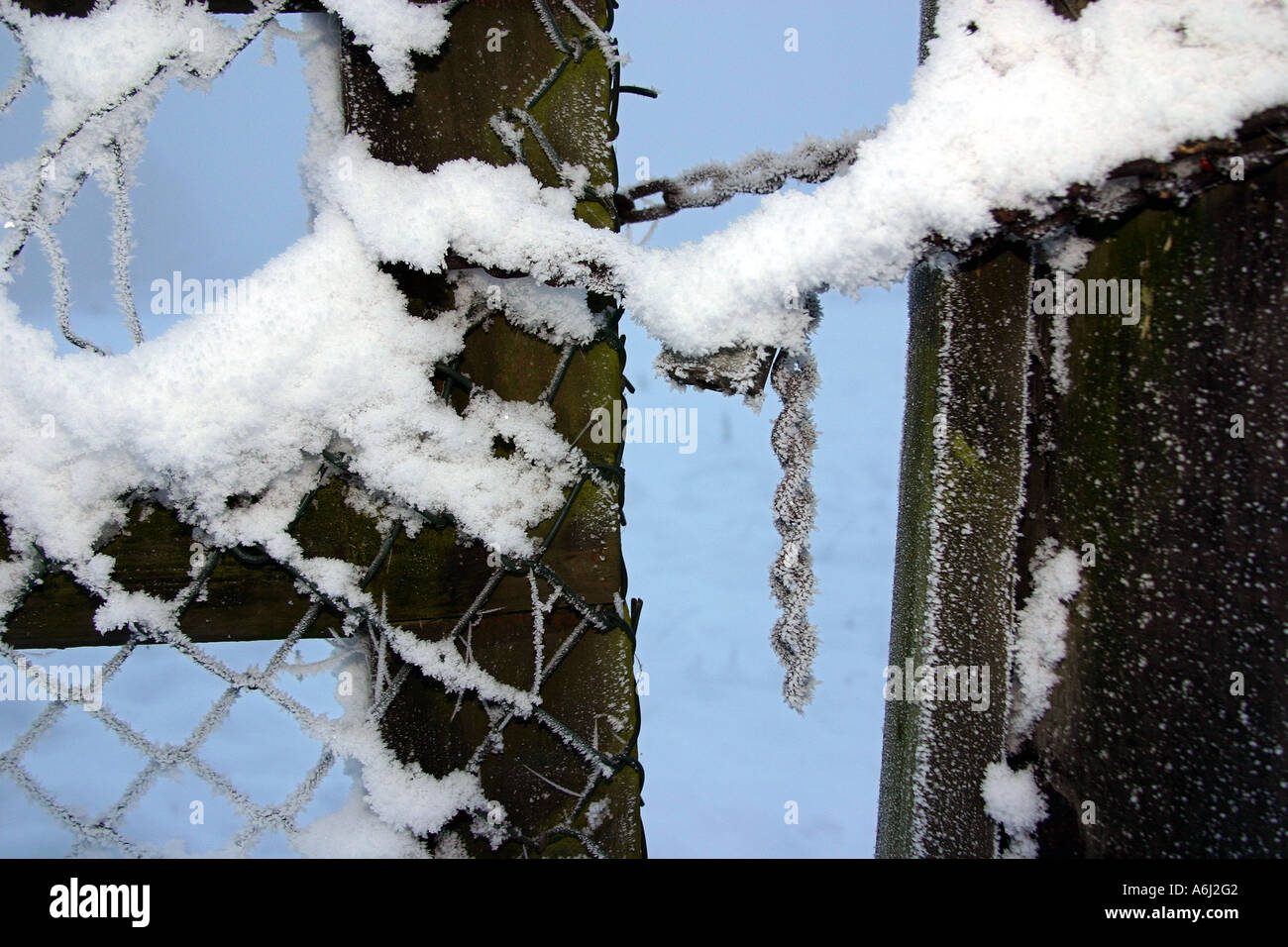 Gate locked with padlock covered in snow and hoar frost Stock Photo Alamy