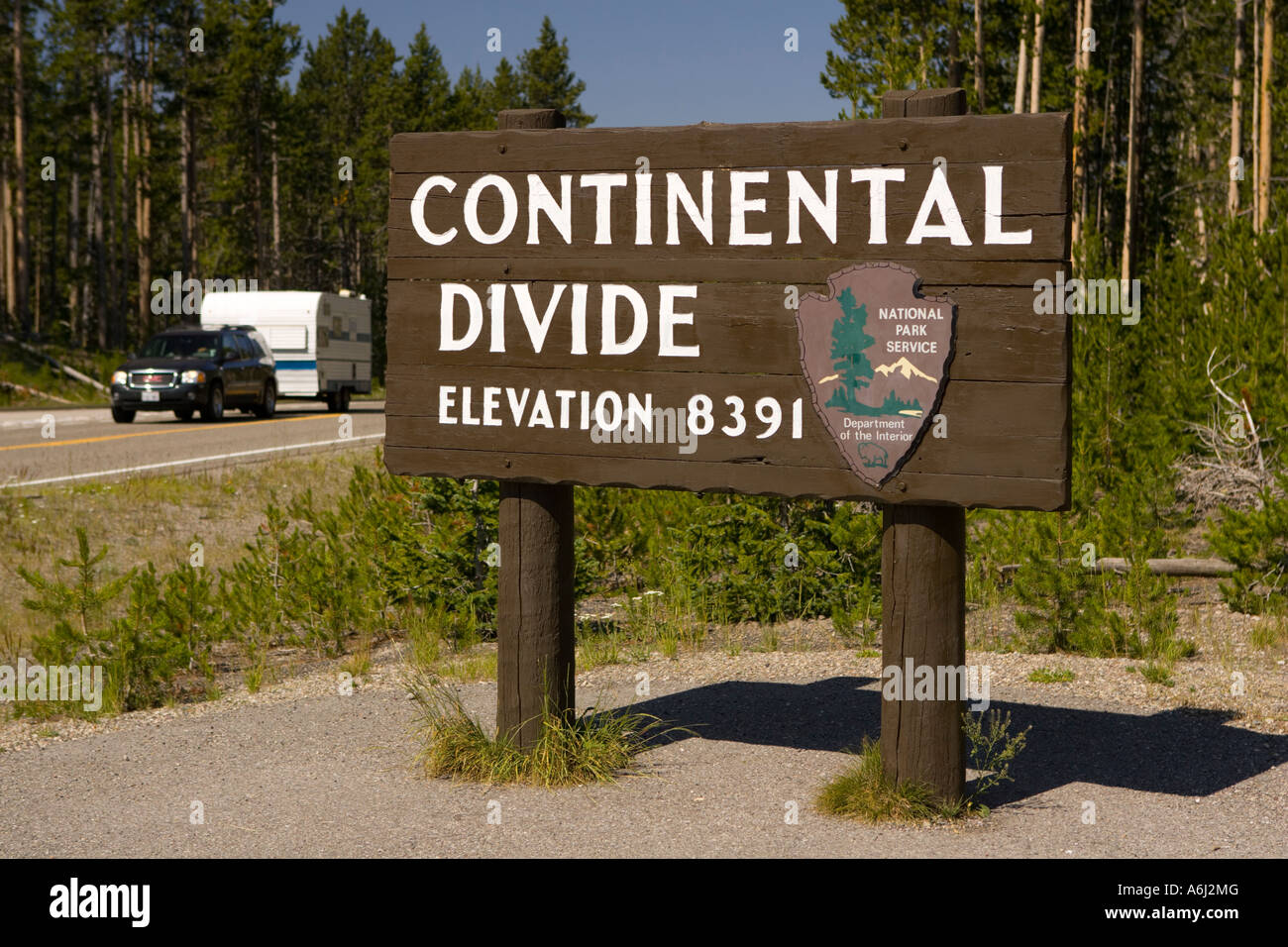 WYOMING USA Continental Divide sign in Yellowstone National Park Stock